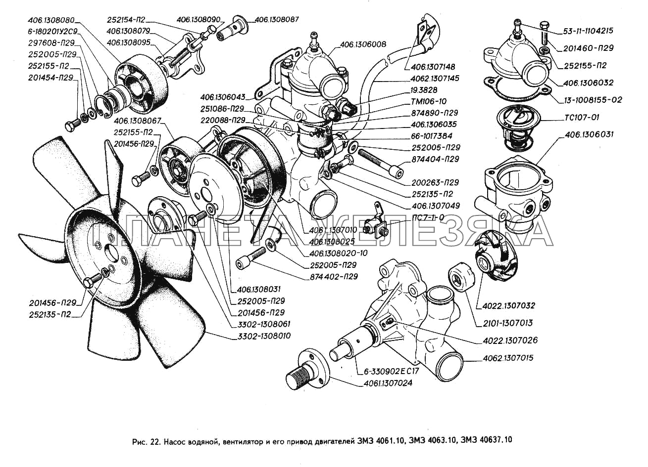 Насос водяной, вентилятор и его привод двигателей ЗМЗ 4061.10, ЗМЗ 4063.10, ЗМЗ 40637.10 ГАЗ-3302 (ГАЗель)