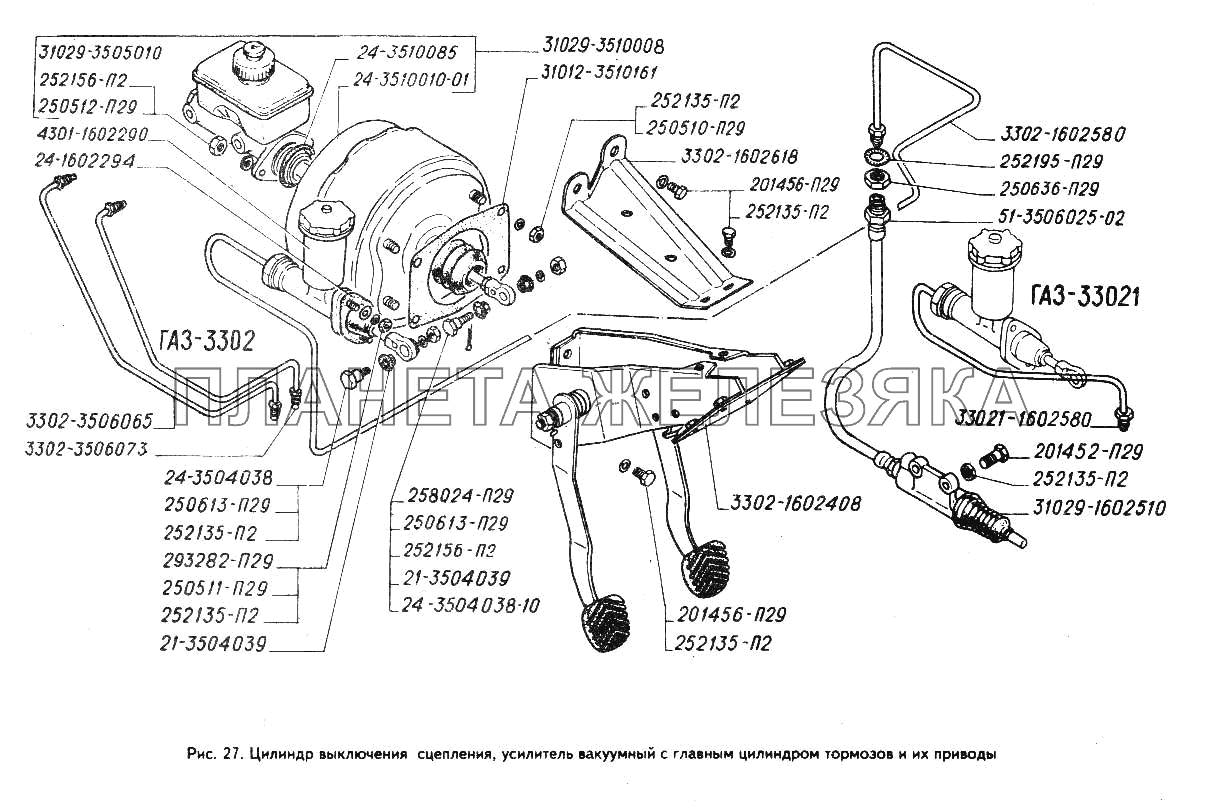 Цилиндр выключения сцепления, усилитель вакуумный с главным цилиндром тормозов и их приводы ГАЗ-3302 (ГАЗель)