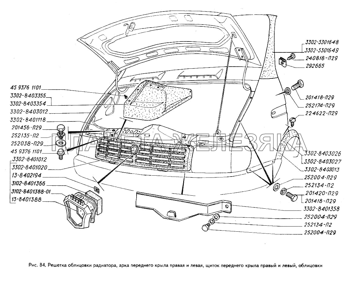 Решетка облицовки радиатора, арка переднего крыла правая и левая, щиток переднего крыла правый и левый, облицовки ГАЗ-3302 (ГАЗель)