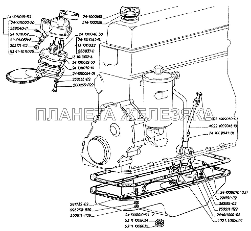 Картер масляный, указатель уровня масла, насос масляный ЗМЗ-402 ГАЗ-3302 (2004)