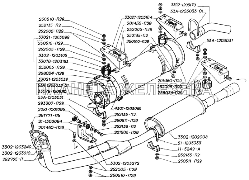 Глушитель, резонатор, трубы и подвеска глушителя двигателей ЗМЗ-406 ГАЗ-3302 (2004)