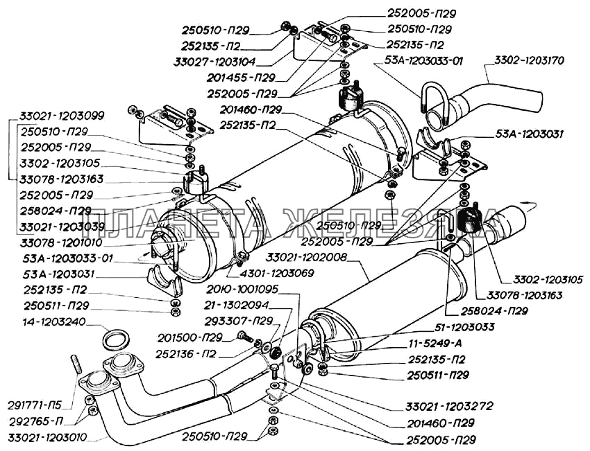 Глушитель, резонатор, трубы и подвеска глушителя двигателей ЗМЗ-402 ГАЗ-3302 (2004)