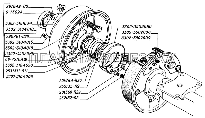 Ступица заднего колеса с барабаном, тормоз колодочный задний ГАЗ-3302 (2004)