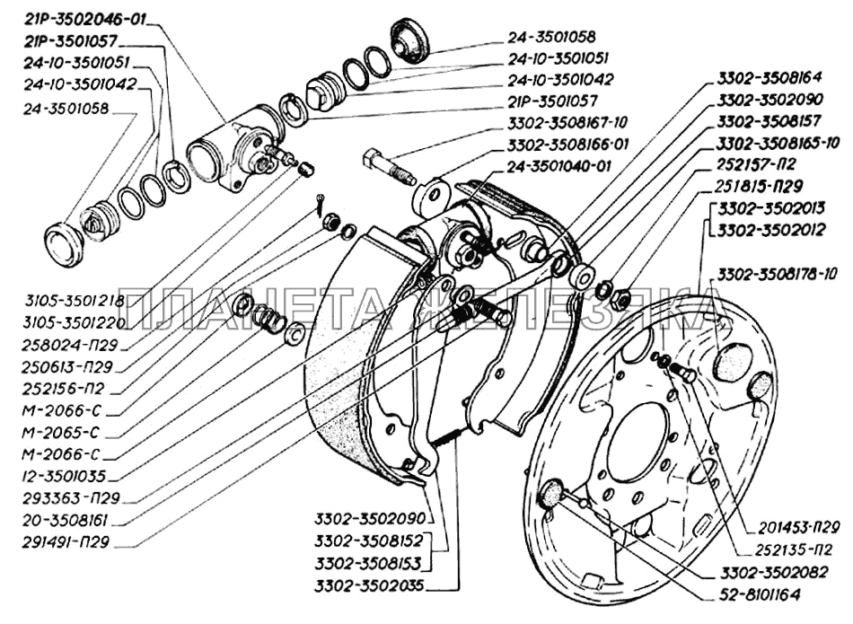 Колесный цилиндр, щит и колодки заднего тормоза, разжимной механизм колодок ГАЗ-3302 (2004)