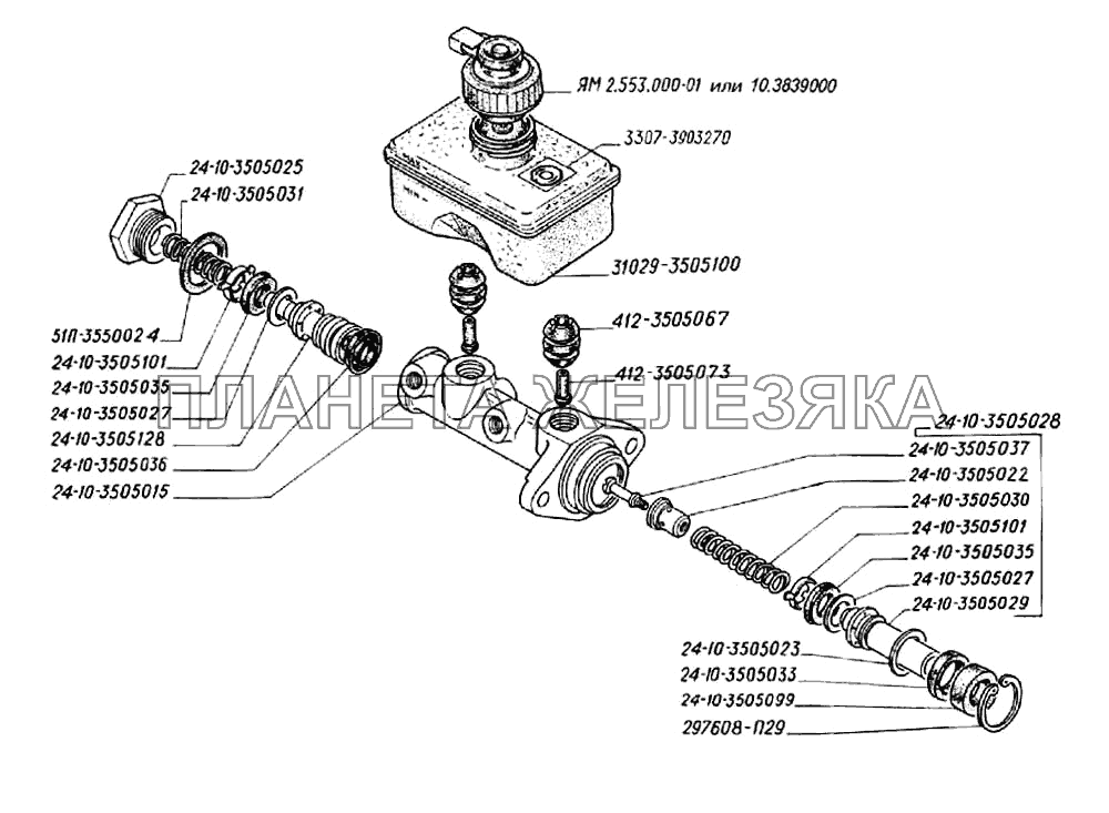 Детали главного цилиндра тормозов, бачок главного цилиндра, датчик аварийного уровня тормозной жидкости ГАЗ-3302 (2004)