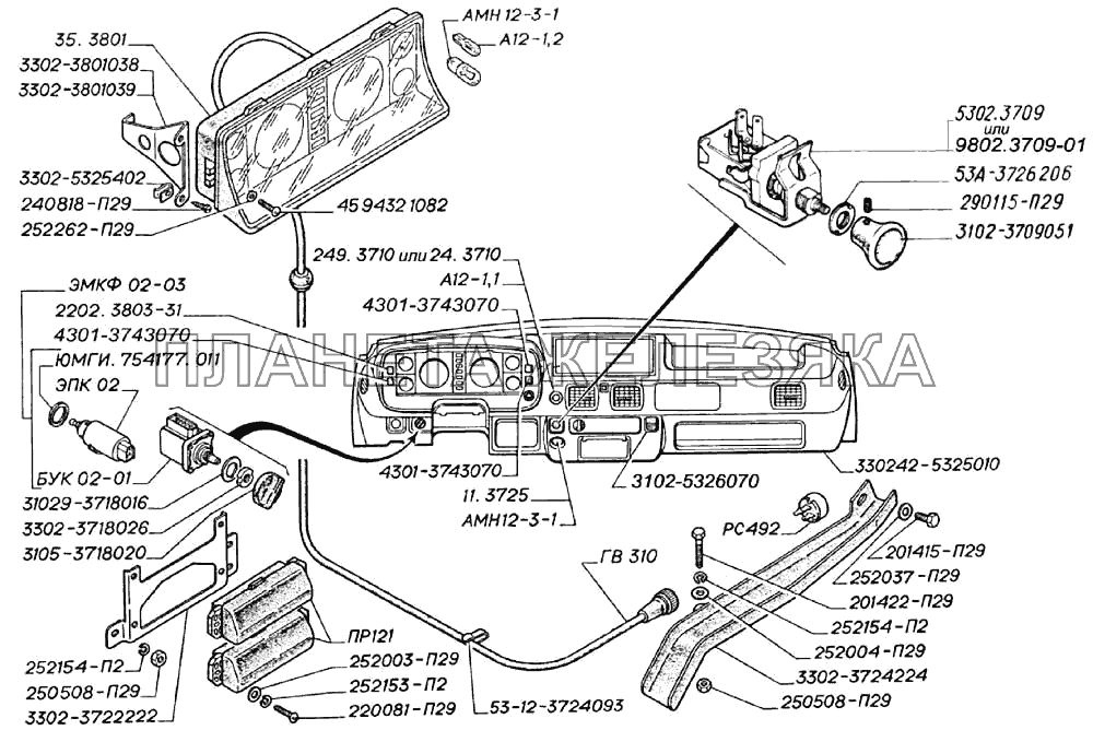 Панель с приборами, комбинация приборов, блоки предохранителей (для автомобилей выпуска до 2003 г.) ГАЗ-3302 (2004)