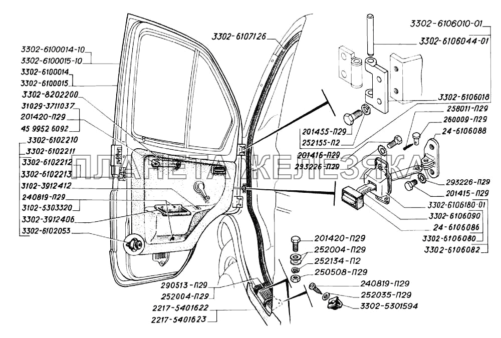 Дверь, навеска дверей, обивка, поручень, ящик аптечки, кант проема передних дверей ГАЗ-3302 (2004)