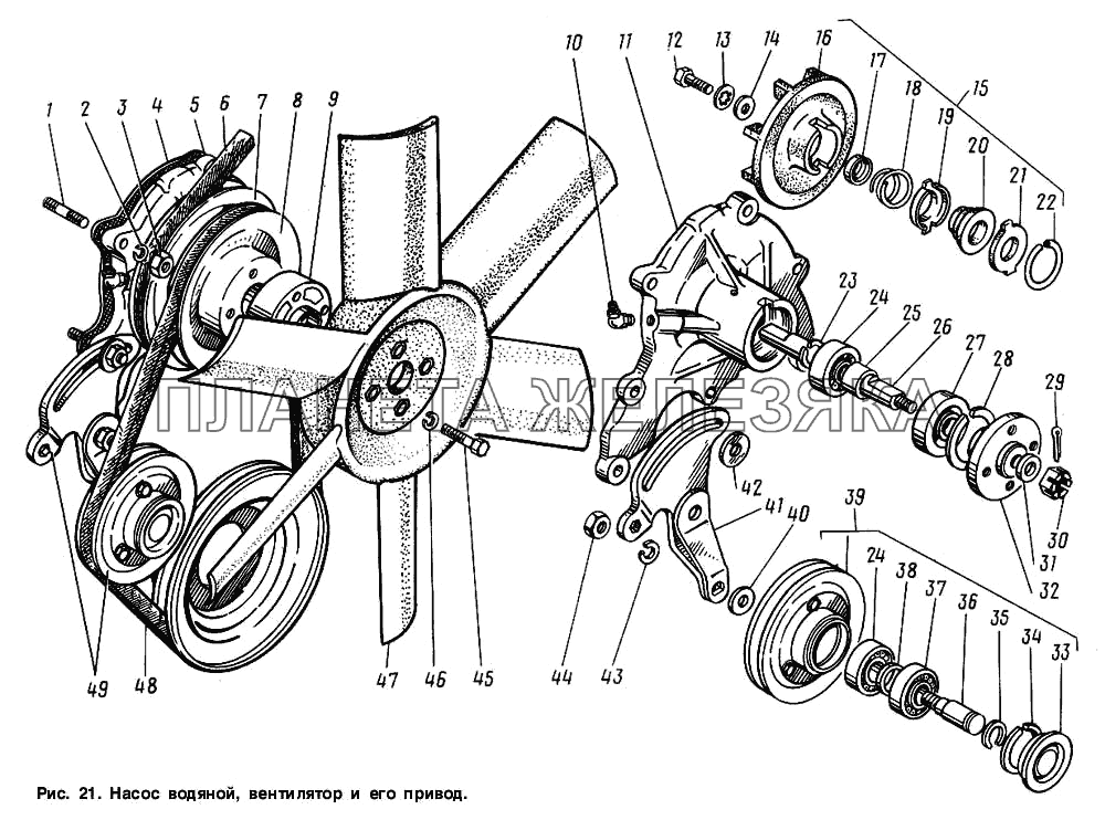 Насос водяной, вентилятор и его привод ГАЗ-3307
