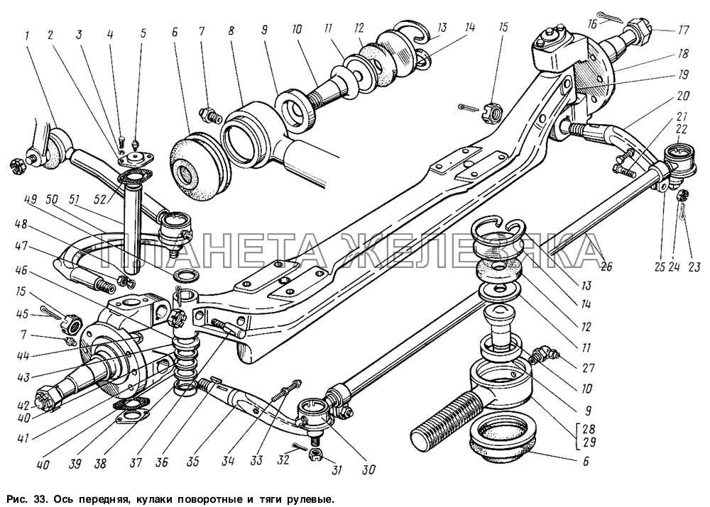 Ось передняя, кулаки поворотные и тяги рулевые ГАЗ-3307