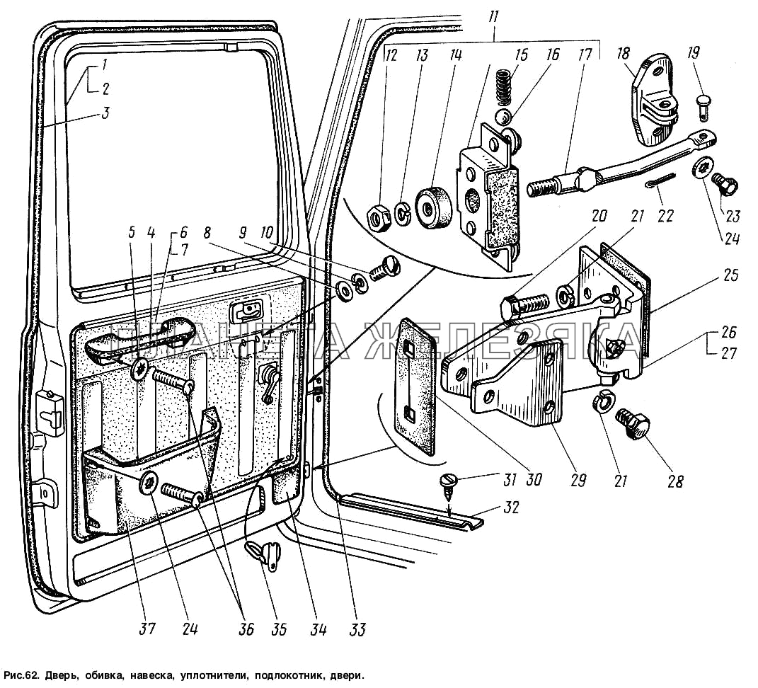 Дверь, обивка, навеска, уплотнители, подлокотник двери ГАЗ-3307