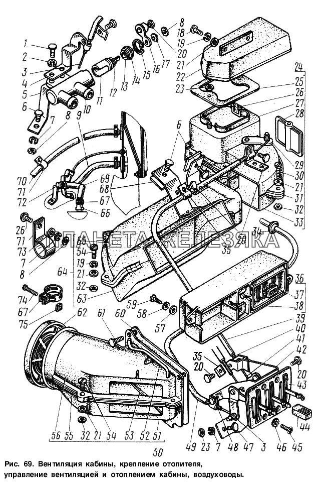 Вентиляция кабины, крепление отопителя, управление вентиляцией и отопителем кабины, воздуховоды ГАЗ-3307
