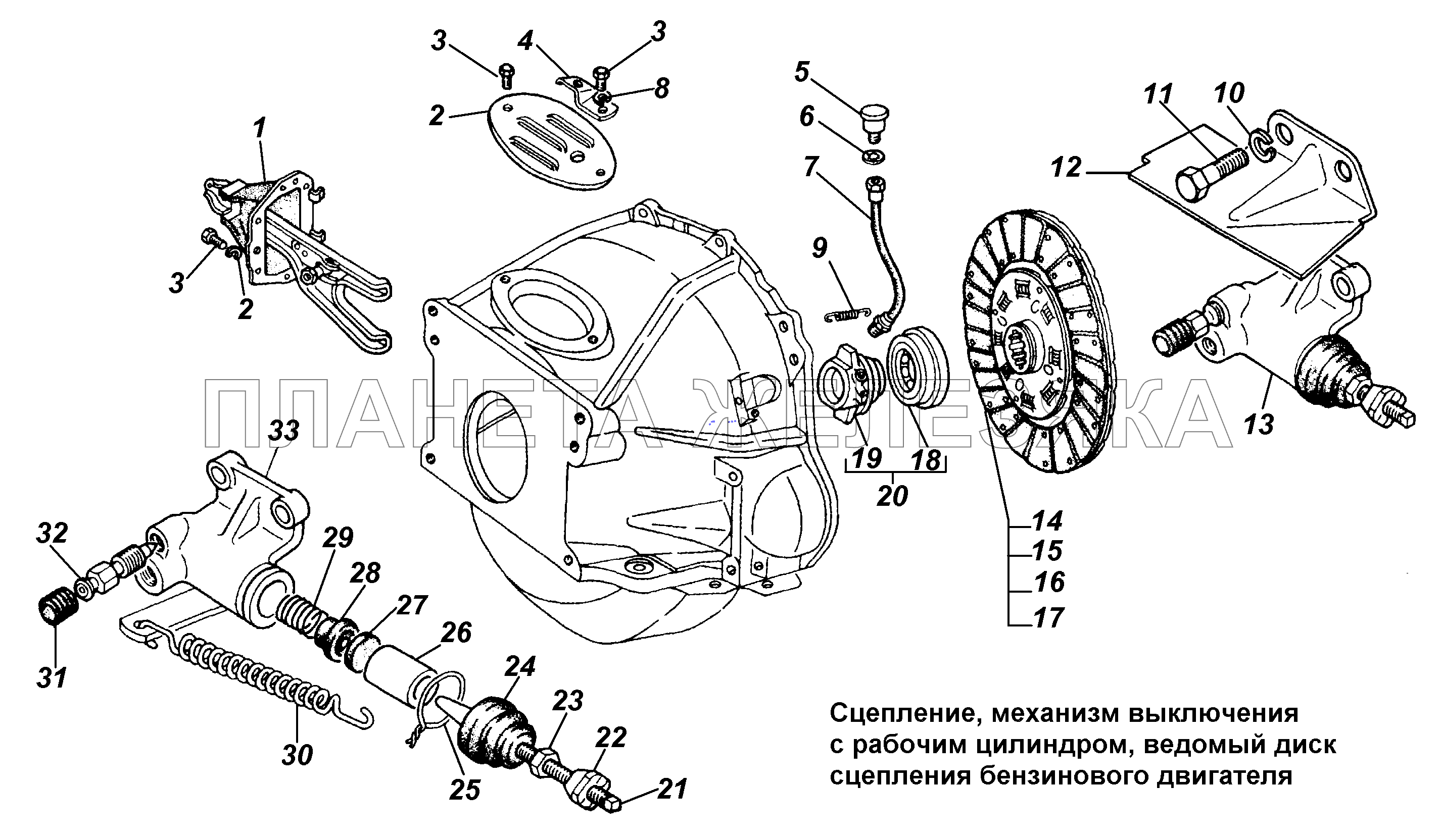 Сцепление, механизм выключения с рабочим цилиндром, ведомый диск сцепления бензинового двигателя ГАЗ-3308