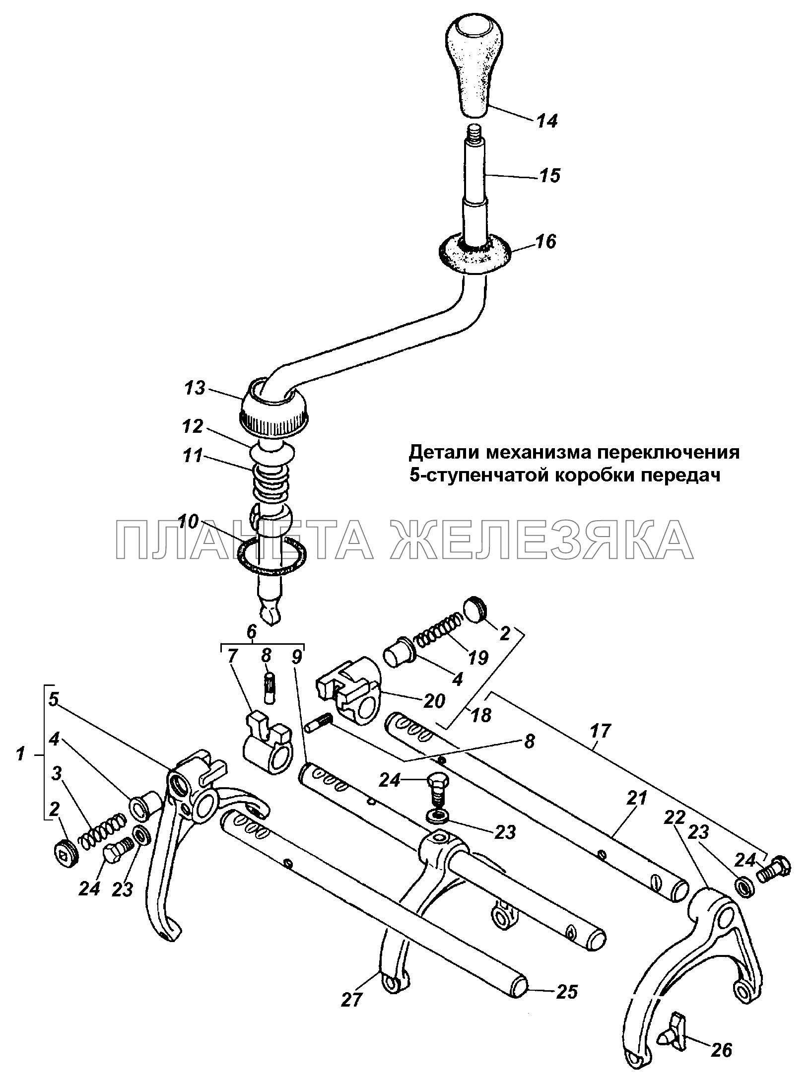 Детали механизма переключения 5-ступенчатой коробки передач ГАЗ-3308