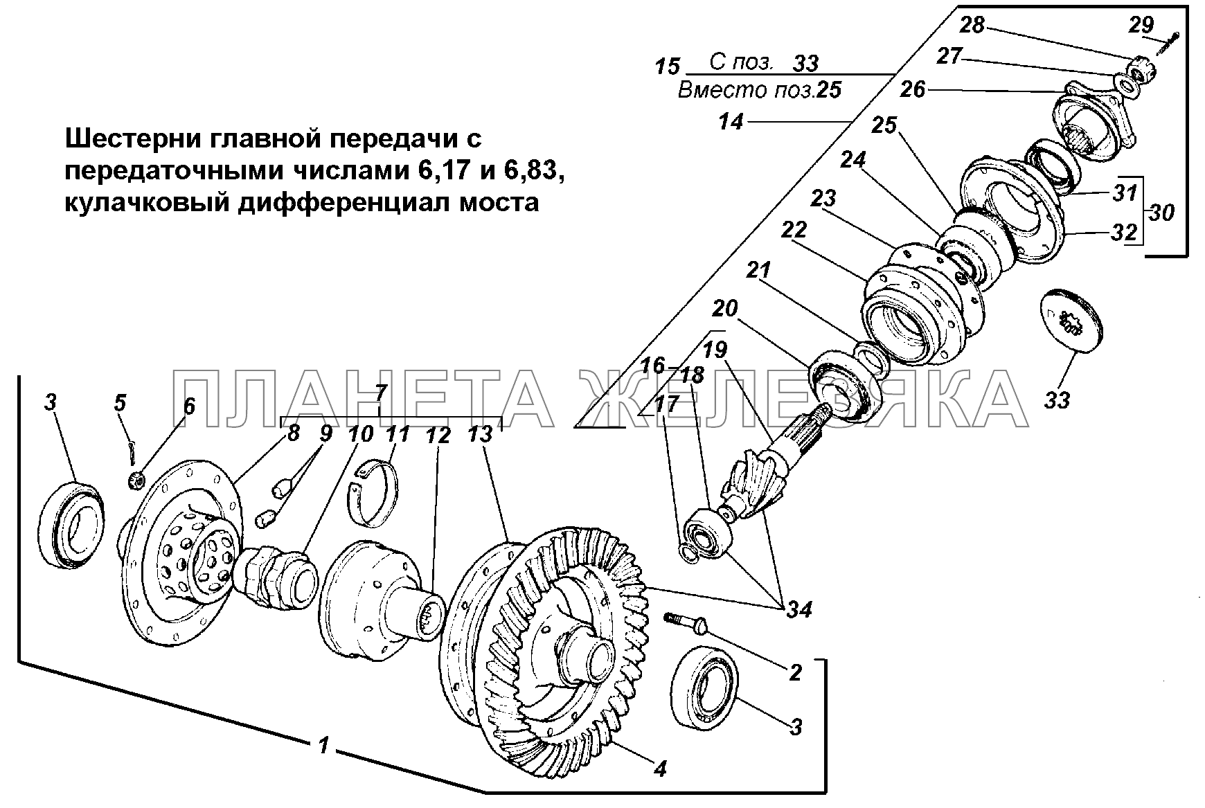 Шестерни главной передачи с передаточными числами 6,17 и 6,83, кулачковый дифференциал моста ГАЗ-3308