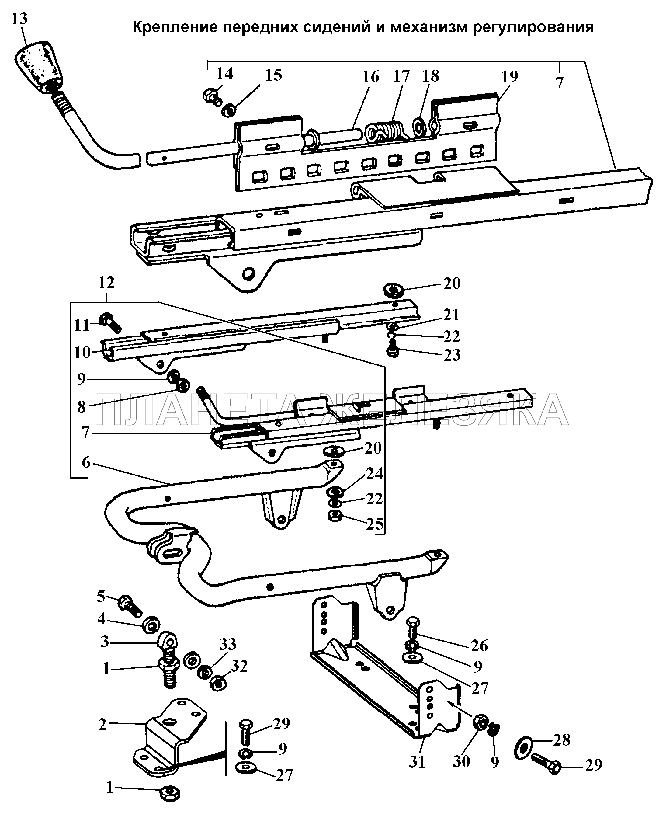 Крепление передних сидений и механизм регулирования ГАЗ-3308