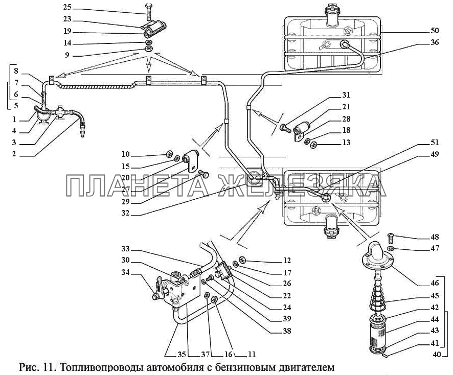 Топливопроводы автомобиля с бензиновым двигателем ГАЗ-3308