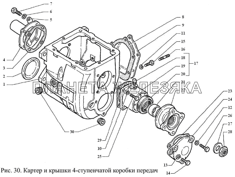 Картер и крышки 4-ступенчатой коробки передач ГАЗ-3308