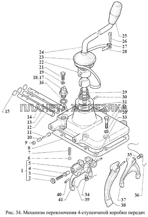 Механизм переключения 4-ступенчатой коробки передач ГАЗ-3308