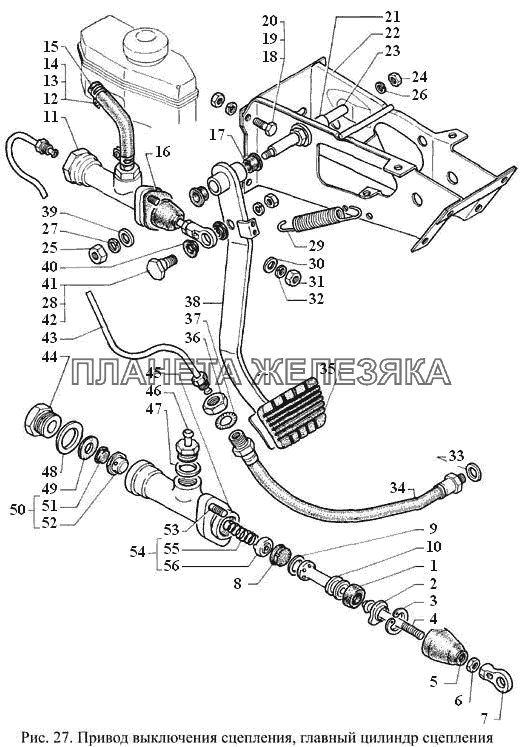 Привод выключения сцепления, главный цилиндр сцепления ГАЗ-3308