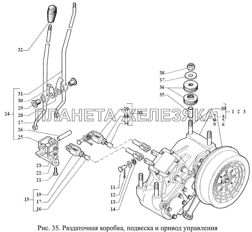 Раздаточная коробка, подвеска и привод управления ГАЗ-3308