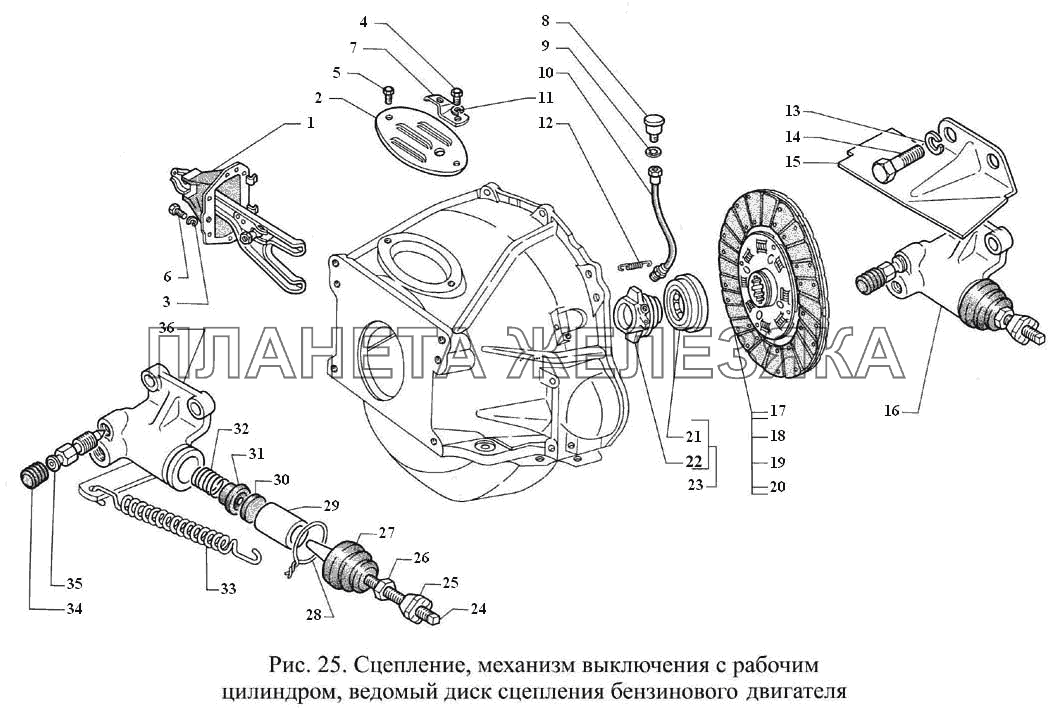 Сцепление, механизм выключения с рабочим цилиндром, ведомый диск сцепления бензинового двигателя ГАЗ-3308