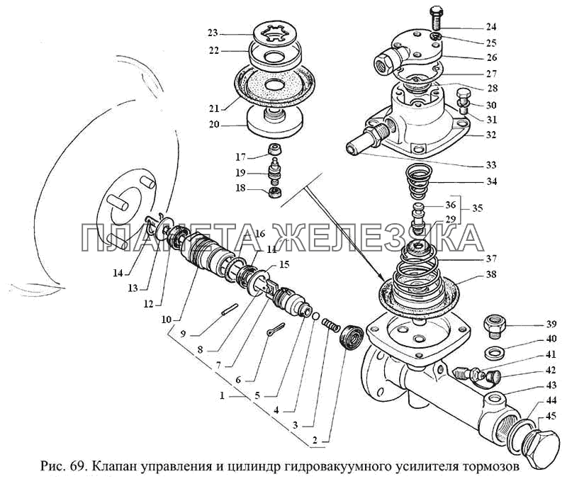 Клапан управления и цилиндр гидровакуумного усилителя тормозов ГАЗ-3308