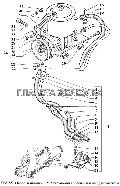 Насос и шланги ГУР автомобиля с бензиновым двигателем ГАЗ-3308