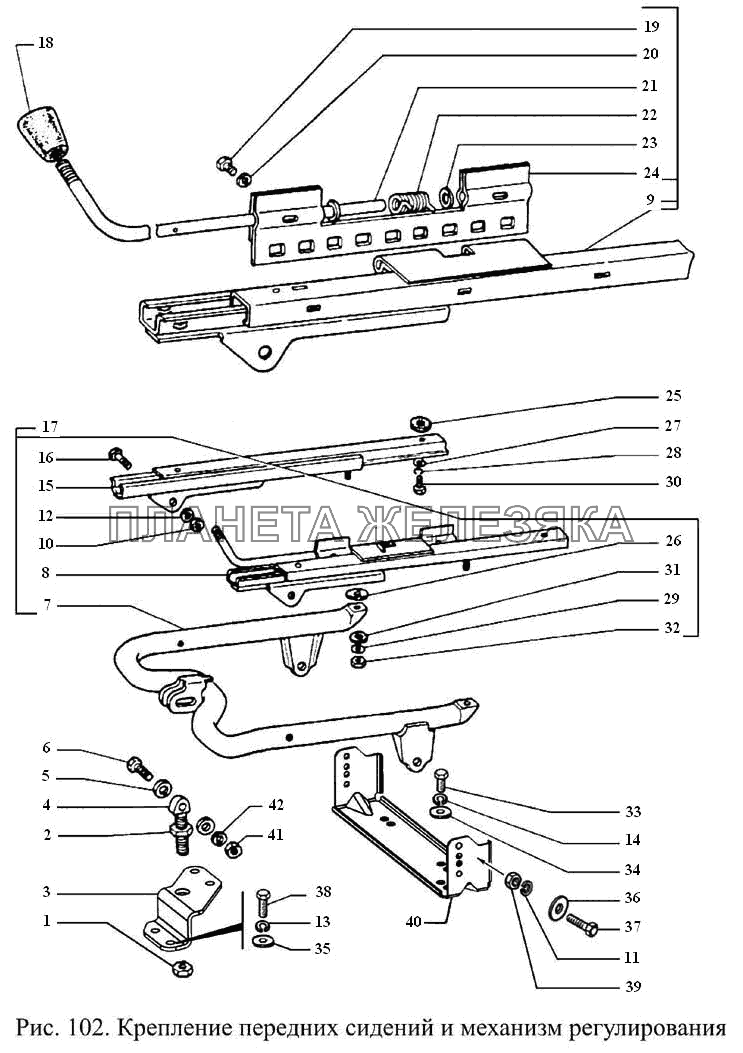 Крепление передних сидений и механизм регулирования ГАЗ-3308