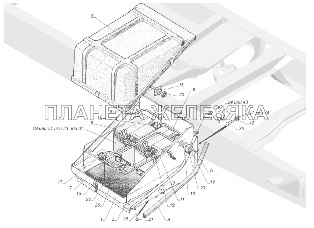 4301-3703001-10. Установка аккумуляторной батареи ГАЗ-33081