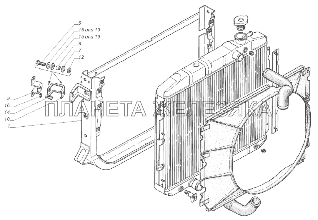 33081-1302003. Установка рамки с радиатором ГАЗ-33081