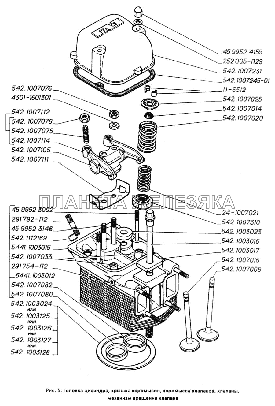 Головка цилиндра, крышка коромысел, коромысла клапанов, клапаны, механизм вращения клапана ГАЗ-3309