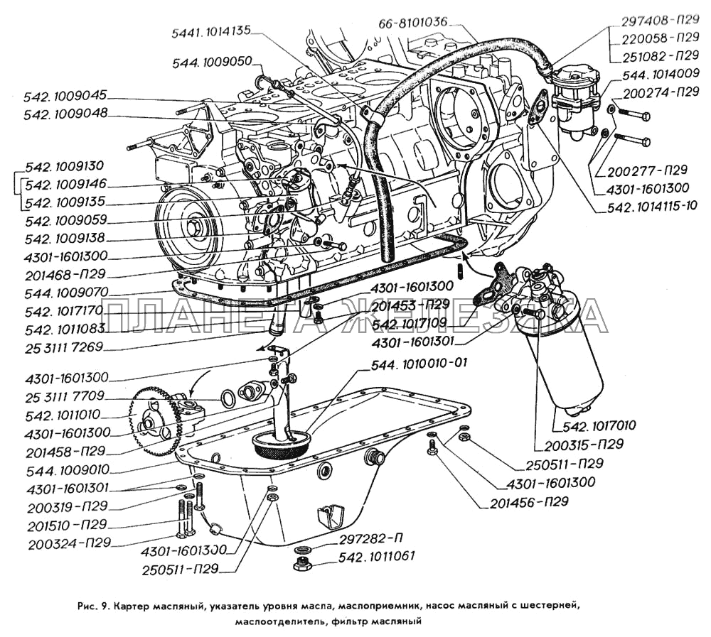 Картер масляный, указатель уровня масла, маслоприемник, насос масляный с шестерней, маслоотделитель, фильтр масляный ГАЗ-3309