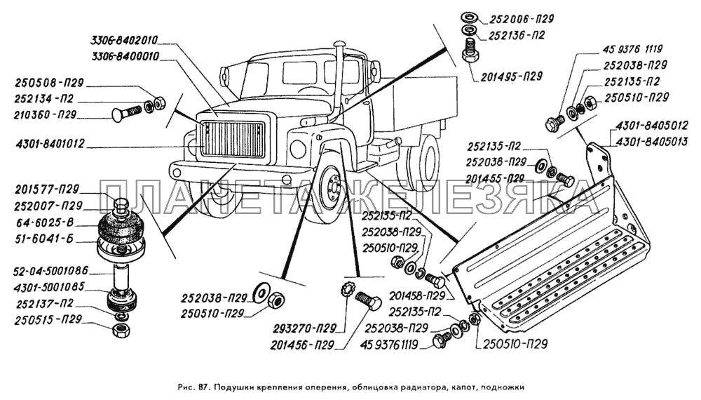 Подушки крепления оперения, облицовка радиатора, капот, подножки ГАЗ-3309