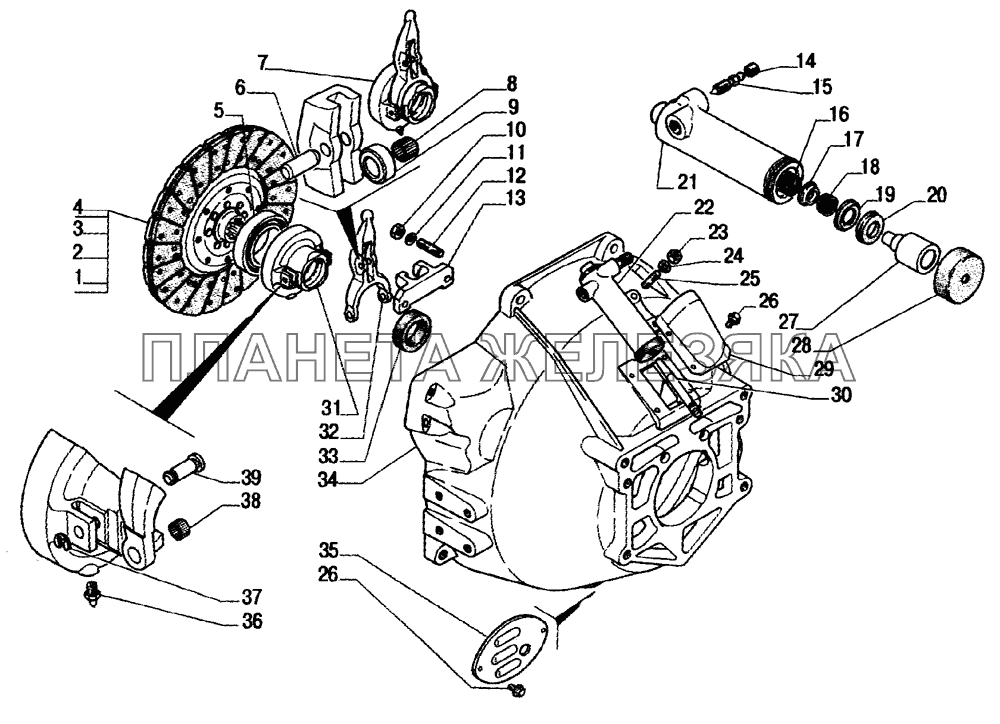 Сцепление, механизм выключения с рабочим цилиндром, ведомый диск сцепления ГАЗ-33104 Валдай