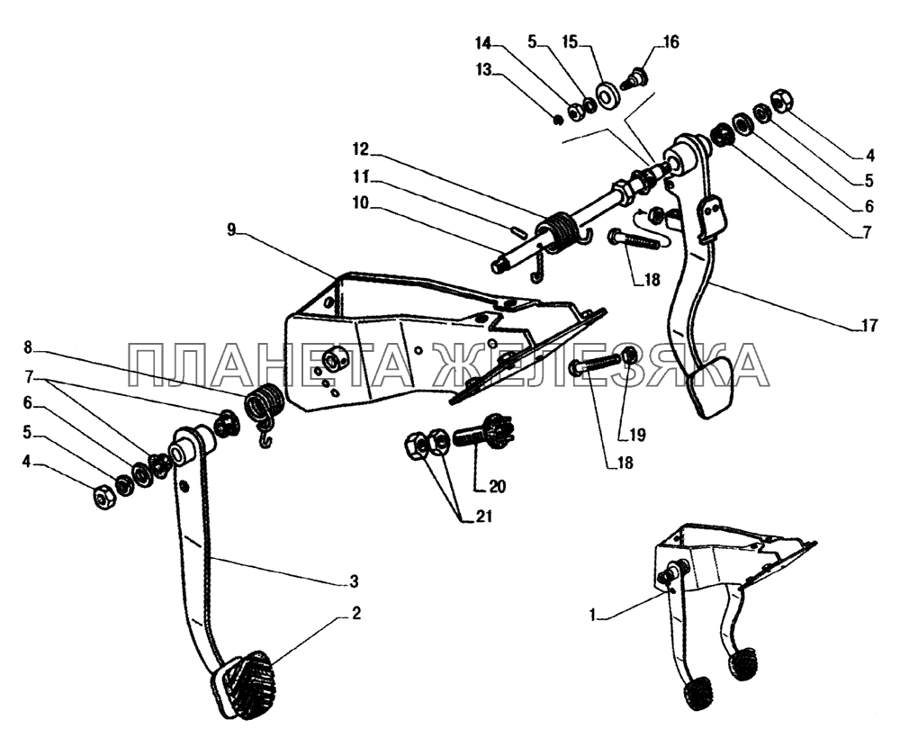 Кронштейн с педалями сцепления и тормоза, выключатель сигнала торможения ГАЗ-33104 Валдай