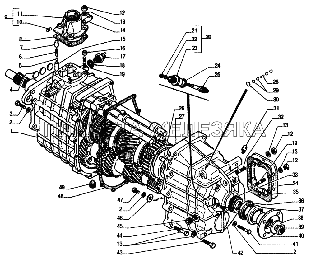Картеры коробки передач, механизм переключения передач, выключатель света заднего хода, шестерни привода спидометра ГАЗ-33104 Валдай