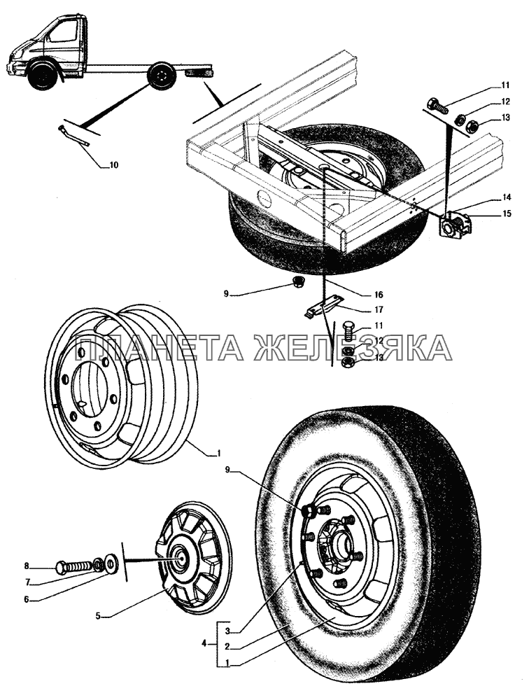 Установка колес, установка держателя запасного колеса ГАЗ-33104 Валдай