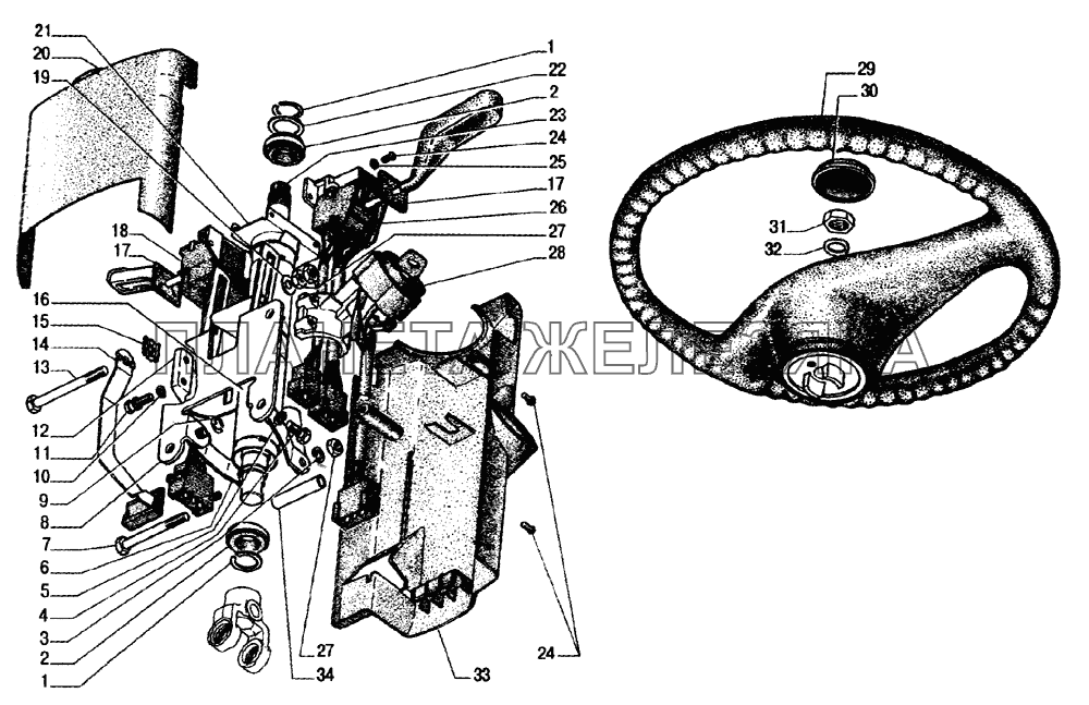 Управление рулевое, выключатель зажигания, переключатель стеклоочистителя и стеклоомывателя, переключатель указателей поворота, ближнего и заднего света ГАЗ-33104 Валдай