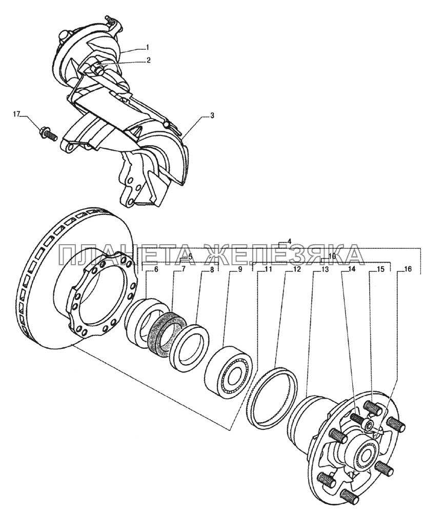 Ступица переднего колеса с тормозным диском, тормозной механизм ГАЗ-33104 Валдай