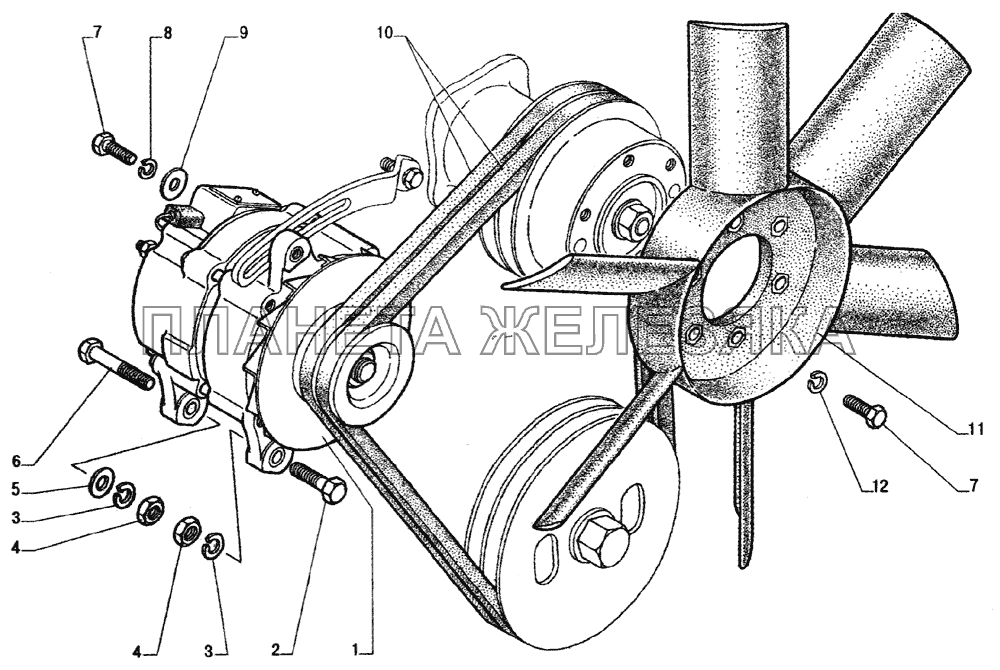 Установка генератора, вентилятор и приводные ремни ГАЗ-33104 Валдай