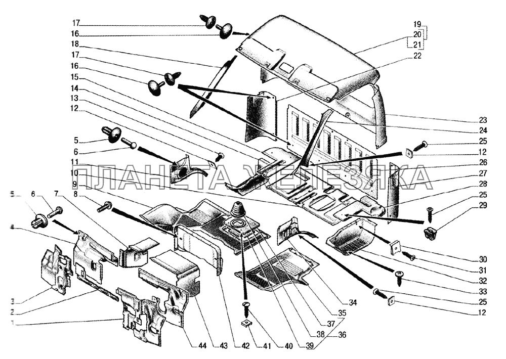 Обивка кабины и шумоизоляция, внутренний капот, коврики и крышка люка пола ГАЗ-33104 Валдай