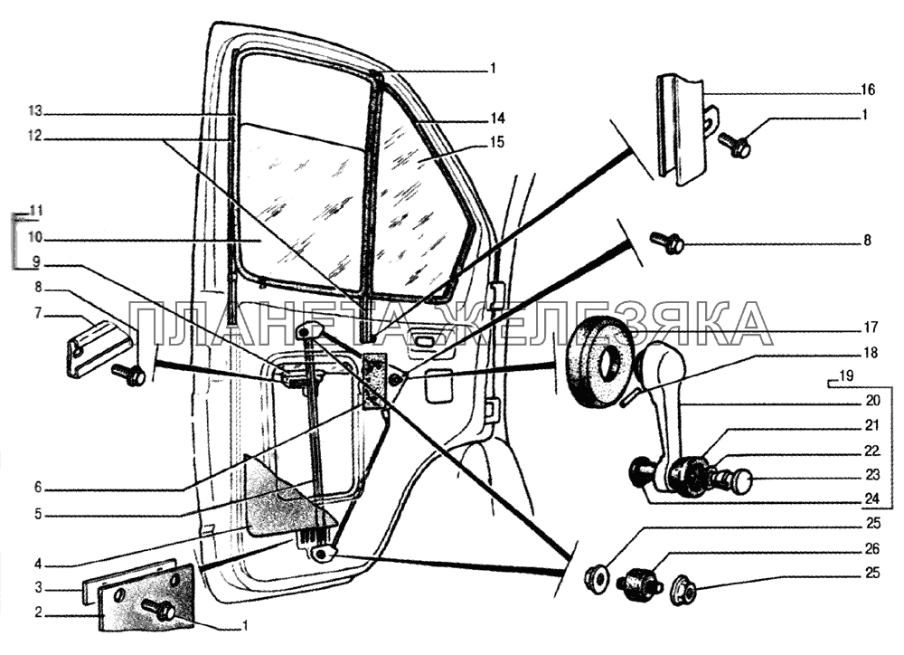 Стекло неподвижное передних дверей, стекло опускное, уплотнители стекол, механизм стеклоподъемника ГАЗ-33104 Валдай