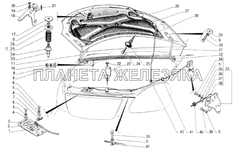 Капот с арматурой, замок капота и его привод ГАЗ-33104 Валдай