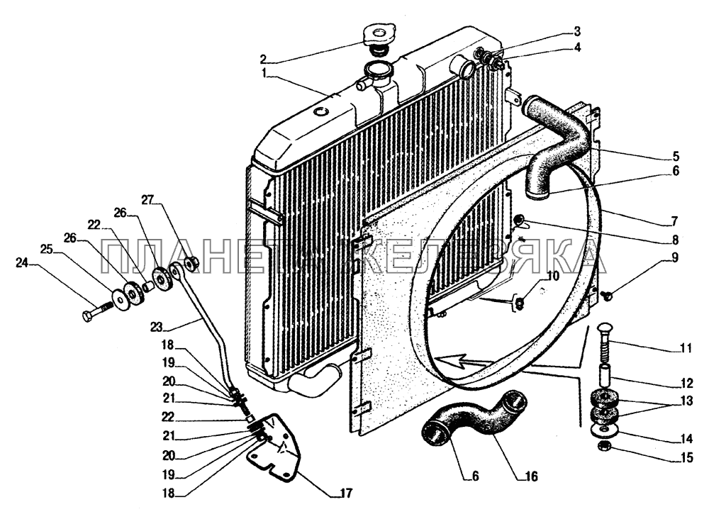 Установка системы охлаждения, радиатор ГАЗ-33104 Валдай