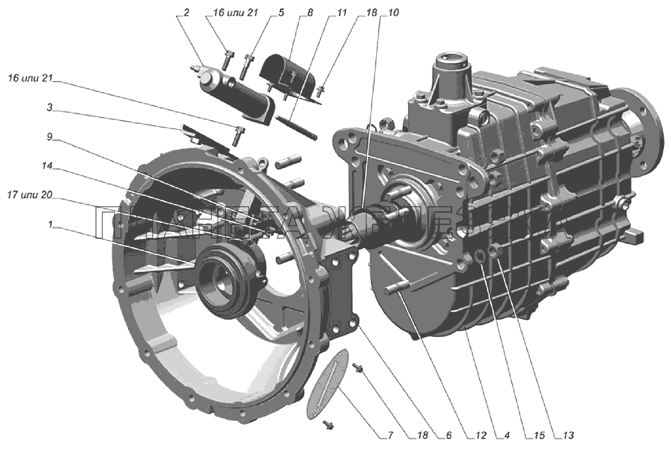 Коробка передач с картером и механизмом управления сцеплением ГАЗ-33106