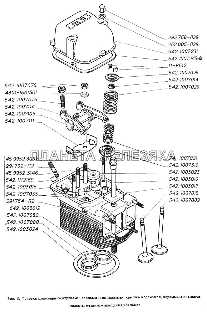 Головка цилиндра с втулками, седлами и шпильками, крышка коромысел, коромысла клапанов, клапана, механизм вращения клапанов ГАЗ-4301