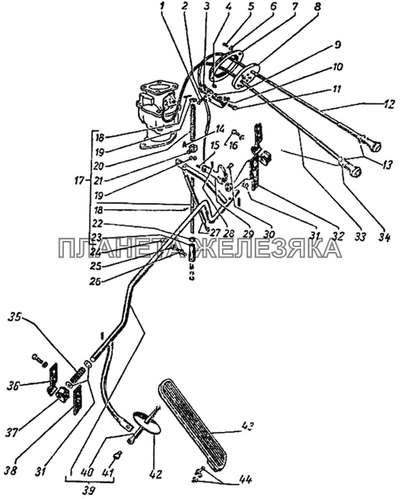 Педаль привода дроссельной заслонки и управление воздушной заслонкой ГАЗ-51 (63, 63А)