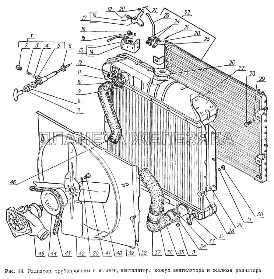 Радиатор, трубопроводы и шланги, вентилятор, кожух, вентилятора и жалюзи радиатора ГАЗ-52-02