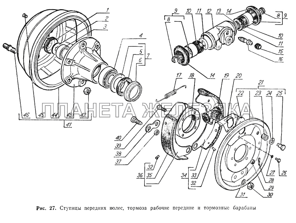 Ступицы передних колес, тормоза рабочие передние и тормозные барабаны ГАЗ-52-02