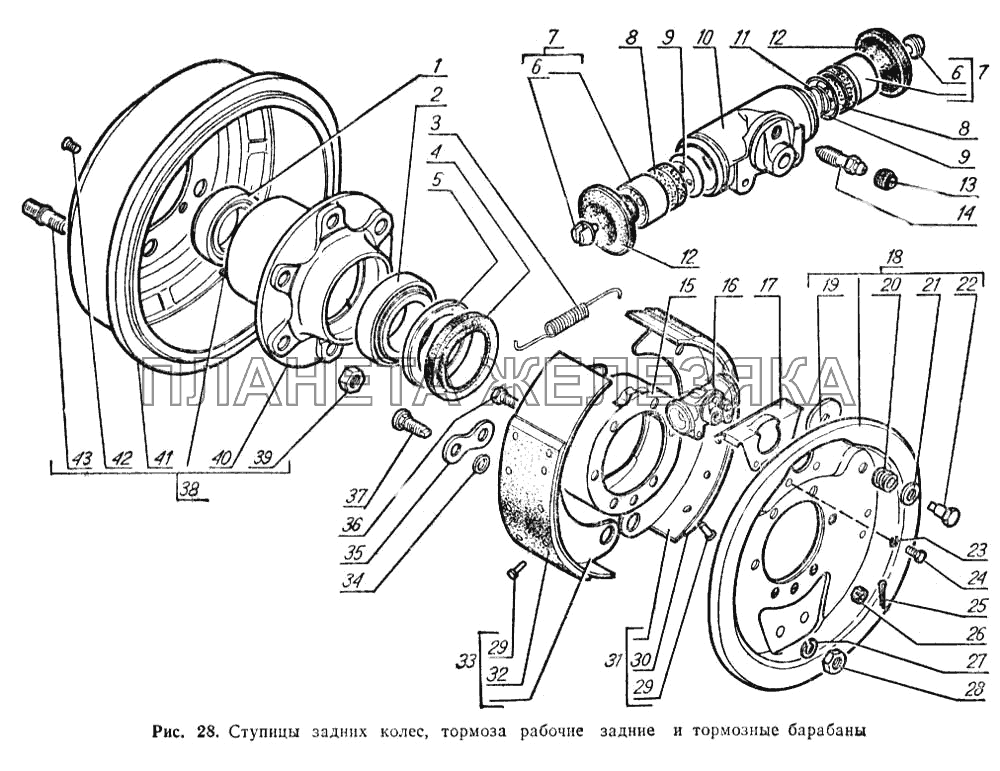Ступицы задних колес, тормоза рабочие задние и тормозные барабаны ГАЗ-52-02